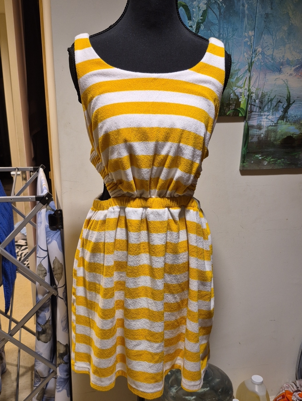 Striped Sleeveless Yellow & White Mini Dress with Elastic Waist
